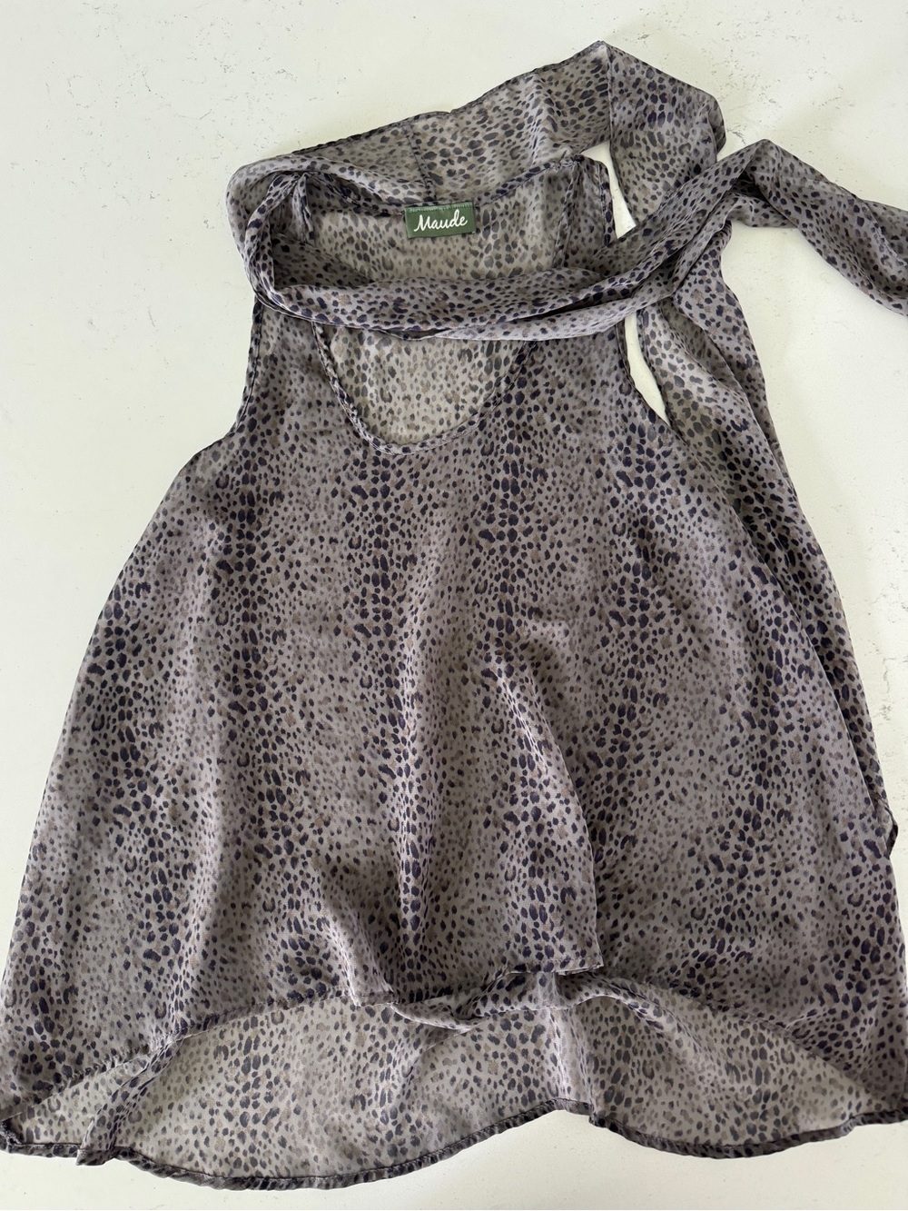 Maude Taupe Sheer Animal Print Halter Top with Tie Neck